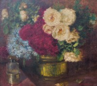 Rosas Brancas Cravos Vermelhos e Hortênsias em Vaso de Cobre - Anita Malfatti